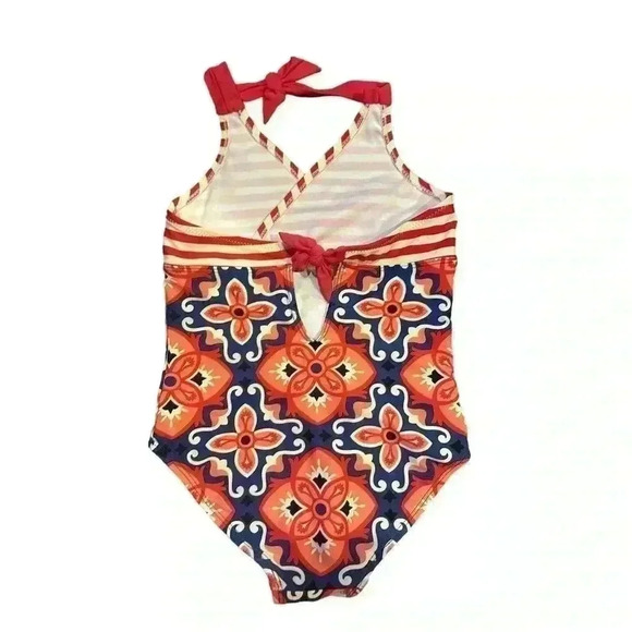 Girls Tea Collection Orange Blue Striped One-Piece Keyhole Swimsuit Size 6 - Picture 2 of 4